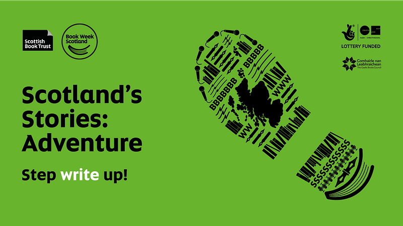 Social card for Scotland's Stories Adventure: An illustration of a shoe print made of icons on a green background. The icons include a microphone, pens, books, a map of Scotland and the letters BWS